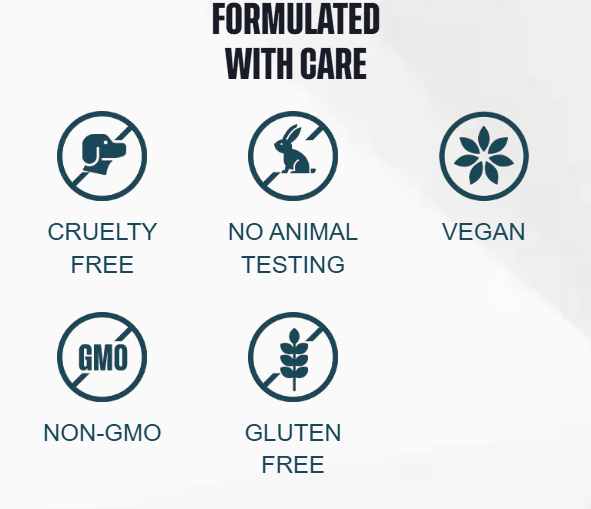丁寧に配合 — クルエルティフリー、動物実験なし、ビーガン、ノンGMO、グルテンフリー