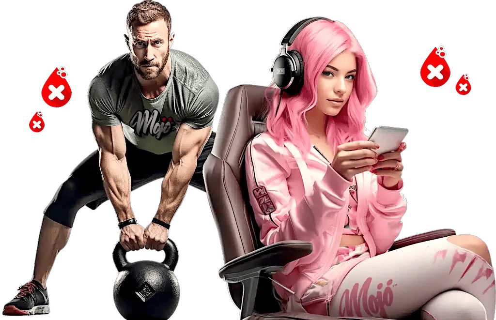 ケトルベルを持ち上げる男性と Mojo トラックスーツを着たゲーマー女性