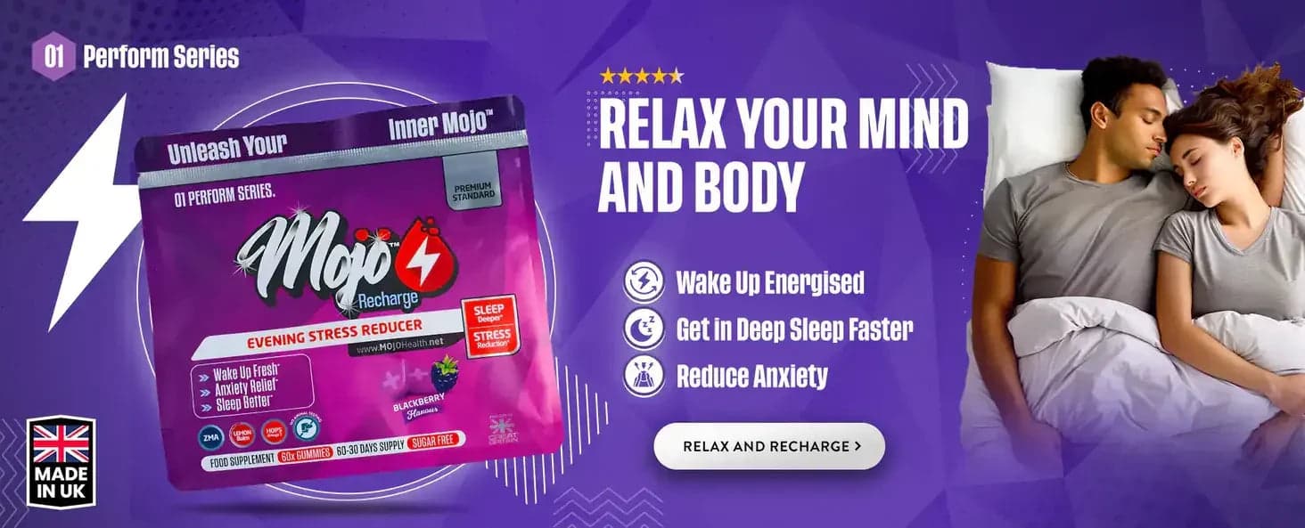 Mojo Recharge イブニングストレスリデューサー — 心と体をリラックス：深い睡眠に素早く入る、目覚めはスッキリ、不安を軽減。リラックスしてリチャージ。