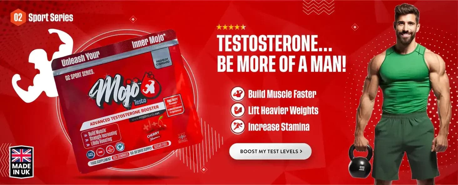Mojo Testo アドバンストテストステロンブースター — テストステロン…もっと男らしく：筋肉の成長が速まり、より重いウェイトが持てて、スタミナアップ。テストレベルをブースト。